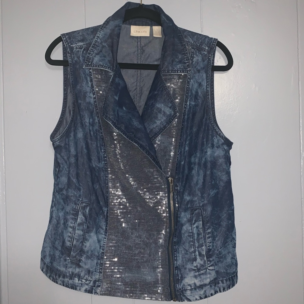 CHICO’S SEQUIN MOTO WHITEWASH DENIM VEST size 1